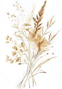 Sepia gekleurde aquarelschilderij van een boeket droogbloemen en grassen op witte achtergrond