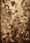 Sepia schilderij van droogbloemen met een ster-vormige bloem