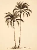 Twee palmbomen dicht bij elkaar getekend in sepia bruintinten.