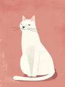 Illustratie van een zittend wit katje met gesloten ogen op een roze achtergrond