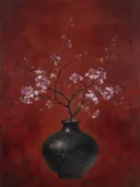 Schilderij van sering in een antracieten vaas met een fijn gebarsten goudlijn-glazuur, oosterse stijl in lakrood