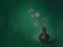 Schilderij van sering in een diep bronzen vaas met een fijne goudrand, oosterse stijl in smaragdgroen