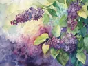Aquarelschilderij van paarse seringbloemen met groene bladeren.