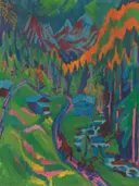 Sertigweg im Sommer (recto), 1924 van Ernst Ludwig Kirchner: landschap met bergen, dal, zomer en weg, in fel groen, blauw en oranje