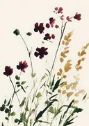Aquarel schilderij van wilde bloemen in bordeauxrood en goud