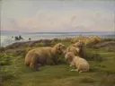 Sheep by the Sea van Rosa Bonheur: dieren met schapen, duinen, zee en gras, in zacht groen en beige