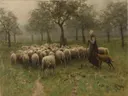 Shepherdess with a Flock of Sheep van Anton Mauve: landschap met schapen, herderin, kudde en bomen, in gedempt groen en grijs