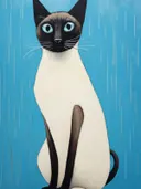 Realistisch geschilderd portret van een Siamese kat tegen een felblauwe achtergrond