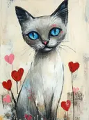 Schilderij van een Siamese kat met blauwe ogen omringd door rode en roze hartjes op een crèmekleurige achtergrond