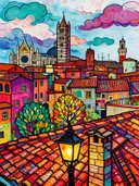 Siena, daken in bonte kleuren, schilderij van Siena