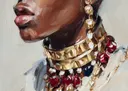 Close-up schilderij van een weelderige gouden en rode halsketting