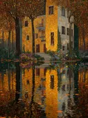Ornamenteel huis met gouden spiraalpatronen tussen herfstbomen aan de oever van een meer