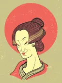 Illustratie van een vrouwenportret met opgestoken haar tegen een rode achtergrondcirkel.
