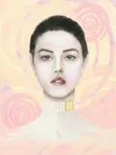 Geschilderd portret van een vrouw met een parelketting tegen een roze-perzik achtergrond met spiraalpatronen.