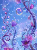 Schilderij van paarse bloemen met sierlijke glazen krulranken tegen een blauwe achtergrond
