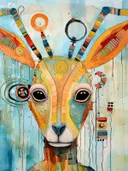 Portret van een gazelle met lange rechte gestreepte hoorns en zwarte ogen op een lichtblauwe achtergrond