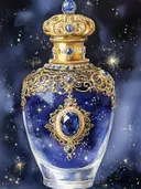 Blauwe glazen parfumfles met gouden ornamenten en saffieren tegen een sterrenhemel.