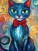 Blauwe kat met rode strik en groene ogen tegen een kleurrijke wervelende achtergrond