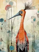 Schilderij van een kraanvogel met oranje hals en zwarte verenkuif