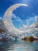 Sierlijke maansikkel boven het water, surrealisme schilderij