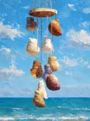 Schilderij van een sierlijke schelpenmobiel boven de zee