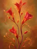 Schilderij van rode fantasiebloemen met krullende ranken