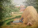 Sieste, Éragny van Camille Pissarro: landschap met hooiberg, weide, huisje en boom, in groen met okergeel