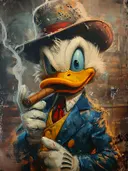 Schilderij van een eendfiguur in pak met hoed die een sigaar rookt