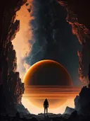 Astronaut silhouet bij ringplaneet