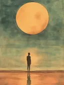 Silhouet van een persoon staand bij water tegenover een grote oranje zon aan een groenblauwe hemel.