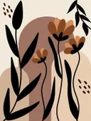 Illustratie van zwarte plantsilhouetten en oranje bloemen tegen aardetinten boogvormen.
