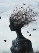 Surrealistisch schilderij van een zwart silhouet van een vrouw met bloesemtakken als haar en vlinders eromheen