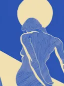 Grafische illustratie van een vrouwensilhouet met lijntekening tegen een zon, in blauw en crème
