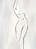Minimalistische enkellijn-tekening van een gestileerd figuur op grijze achtergrond.