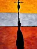 Abstract schilderij met silhouet op kleurvlakken