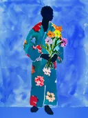 Schilderij van silhouet met bloemenboeket op blauwe achtergrond