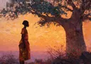 Silhouet van vrouw onder boom bij zonsondergang