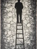 Silhouet van een persoon op een ladder