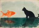 Silhouetkunstwerk van een zwarte kat en een oranje goudvis met reflectie