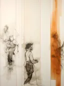 Abstract kunstwerk met geschetste menselijke figuren en oranje strepen