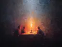 Schilderij van silhouetten van mensen rond een felle kaarsvlam