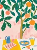 Stilleven met een sinaasappelboom en ontbijttafel