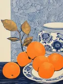 Stilleven van sinaasappels op een bord naast een blauw-wit porseleinen pot