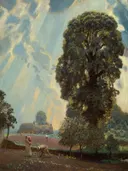 (Sir ra rejoicing after the rain early summer d6462349065527) van George Clausen: landschap met boom, regen, lichtstralen en weiland, in groen en zilverblauw