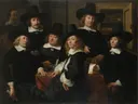 Six Regents and the Beadle of the Nieuwezijds Institute for the Outdoor Relief of the Poor, Amsterdam, 1657 van Ferdinand Bol: figuren met mannen, hoeden, tafel en regenten, in donker met wit