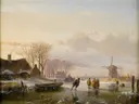 Skaters en cijfers op een bevroren rivier, Haarlem in de verte van Andreas Schelfhout: landschap met winter, ijs, schaatsers en molen, in warm bruin met wit