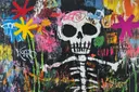 Skeletfiguur tussen chaotische kleurexplosies sterren en graffiti tags