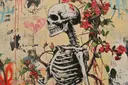 Skeletfiguur tussen rode bloesemtakken met roze hart graffiti