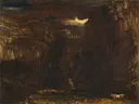 Sketch for 'Gordale Scar van James Ward: landschap met rotsen, kloof, maanlicht en hert, in donkerbruin en zwart