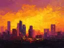 Schilderij van een stadssilhouet tegen een oranje-gele zonsondergangslucht